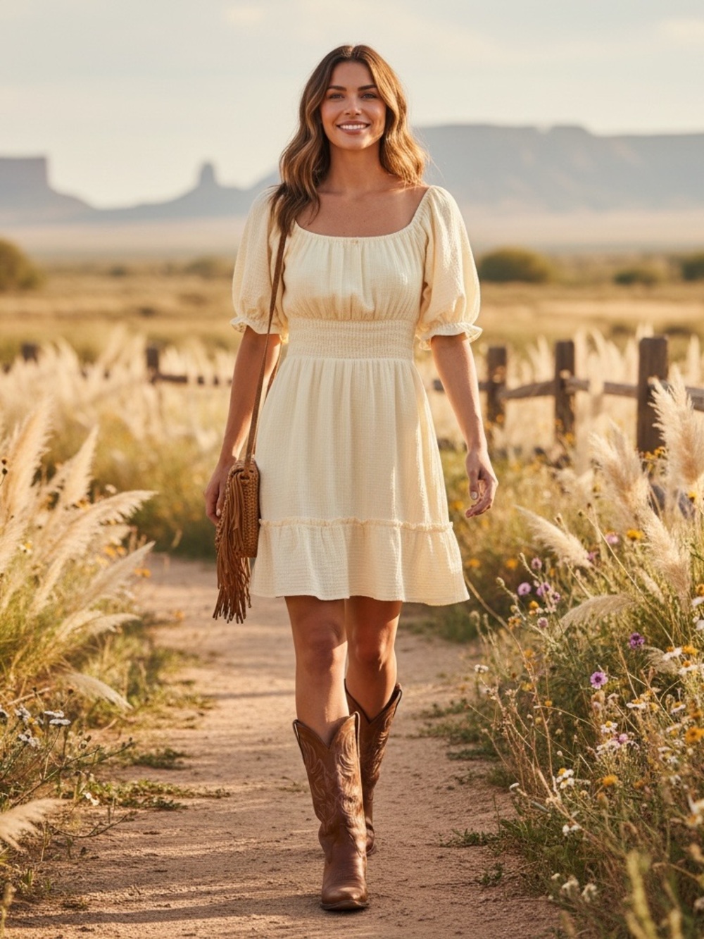 Square Neck Smocked Cotton Mini Dress in Light Cream